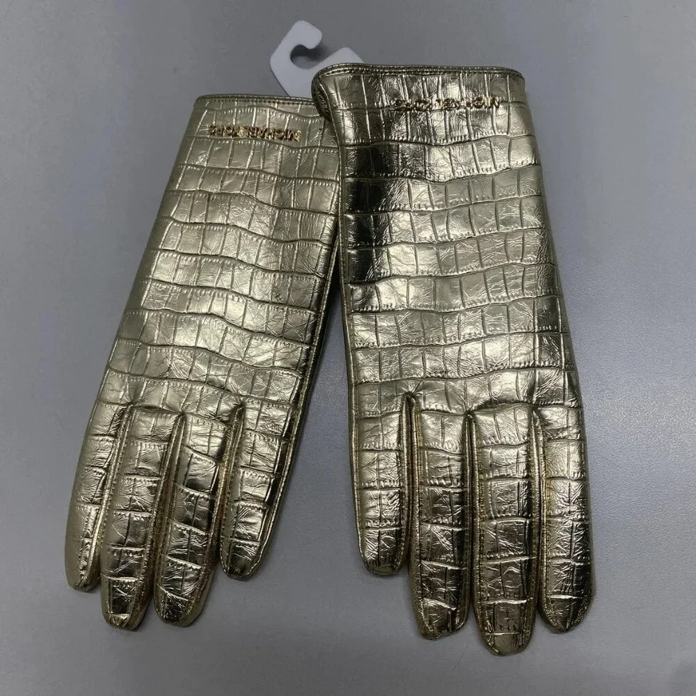 Michael Kors Women's Metallic Crocodile Embossed Leather Gloves – Size M – Gold